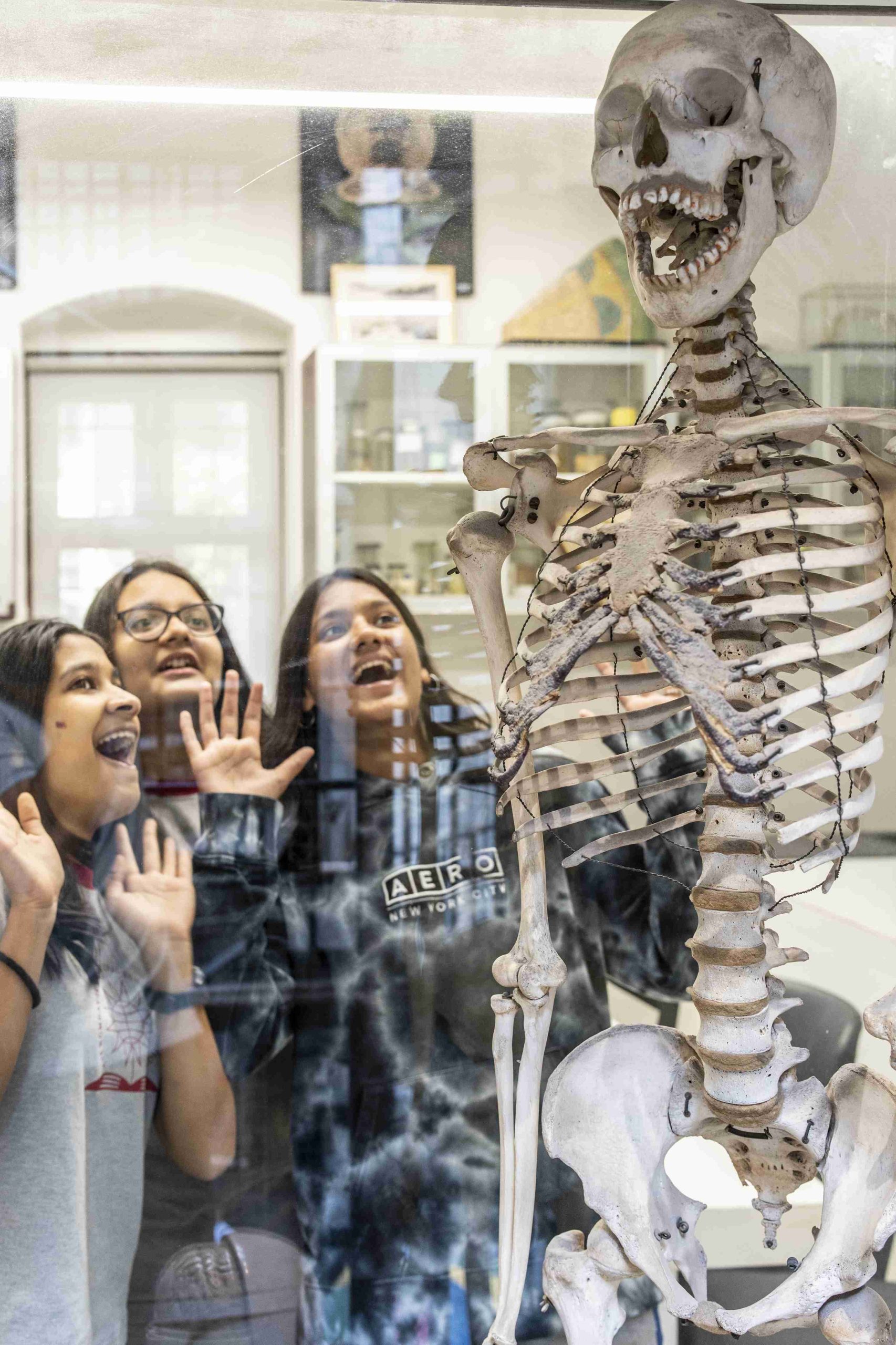 three girls mocking human skeleton in the lab from outside of the glass window